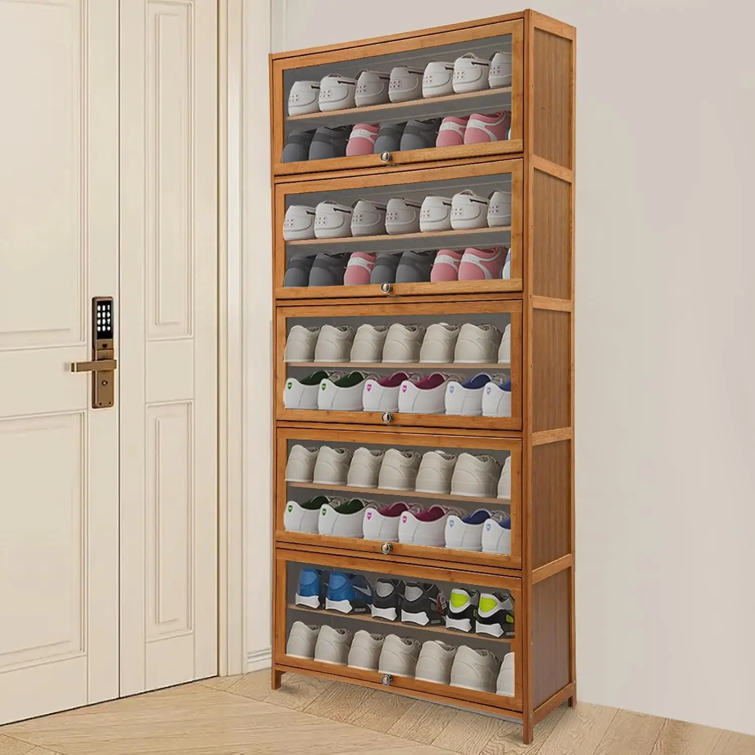 Wooden Shoe Cabinet 11-Tier Clear Doors Magnetic Locks Elevated Bottom Vertical Organizer Entryway Living Room, Customized