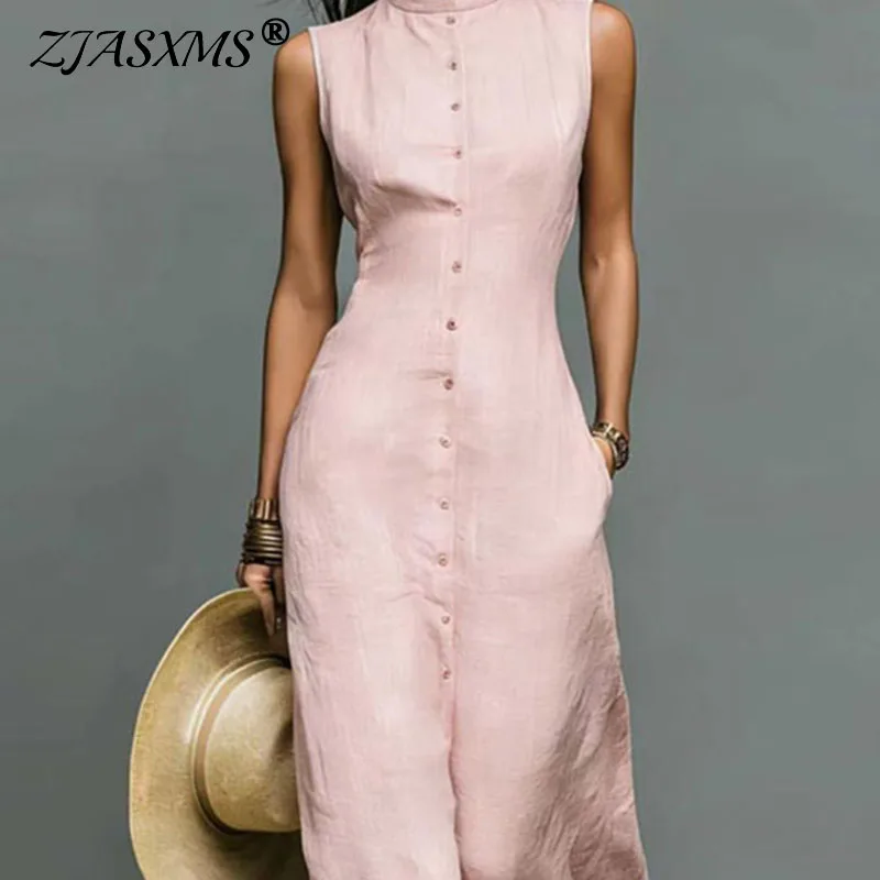 Damen 2026 Mode Einfarbiges Maxikleid mit Taschen Frühling Stehkragen Knopfleiste Hemdkleid Sommer Elegantes Ärmelloses Schlankes Langes Kleid