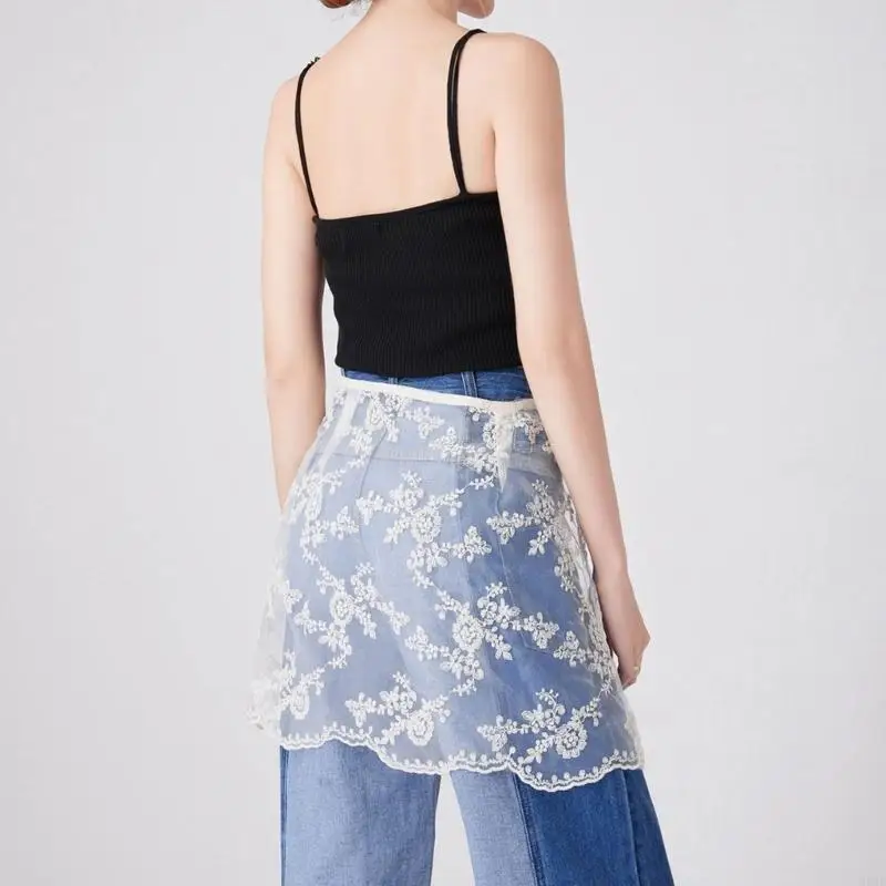 HX6F Layering Layering Setengah Bungkus Rok Lihat Melalui Bordir Bunga Renda Renda Pinggul Rok Apron Sisi Sisi Overskir