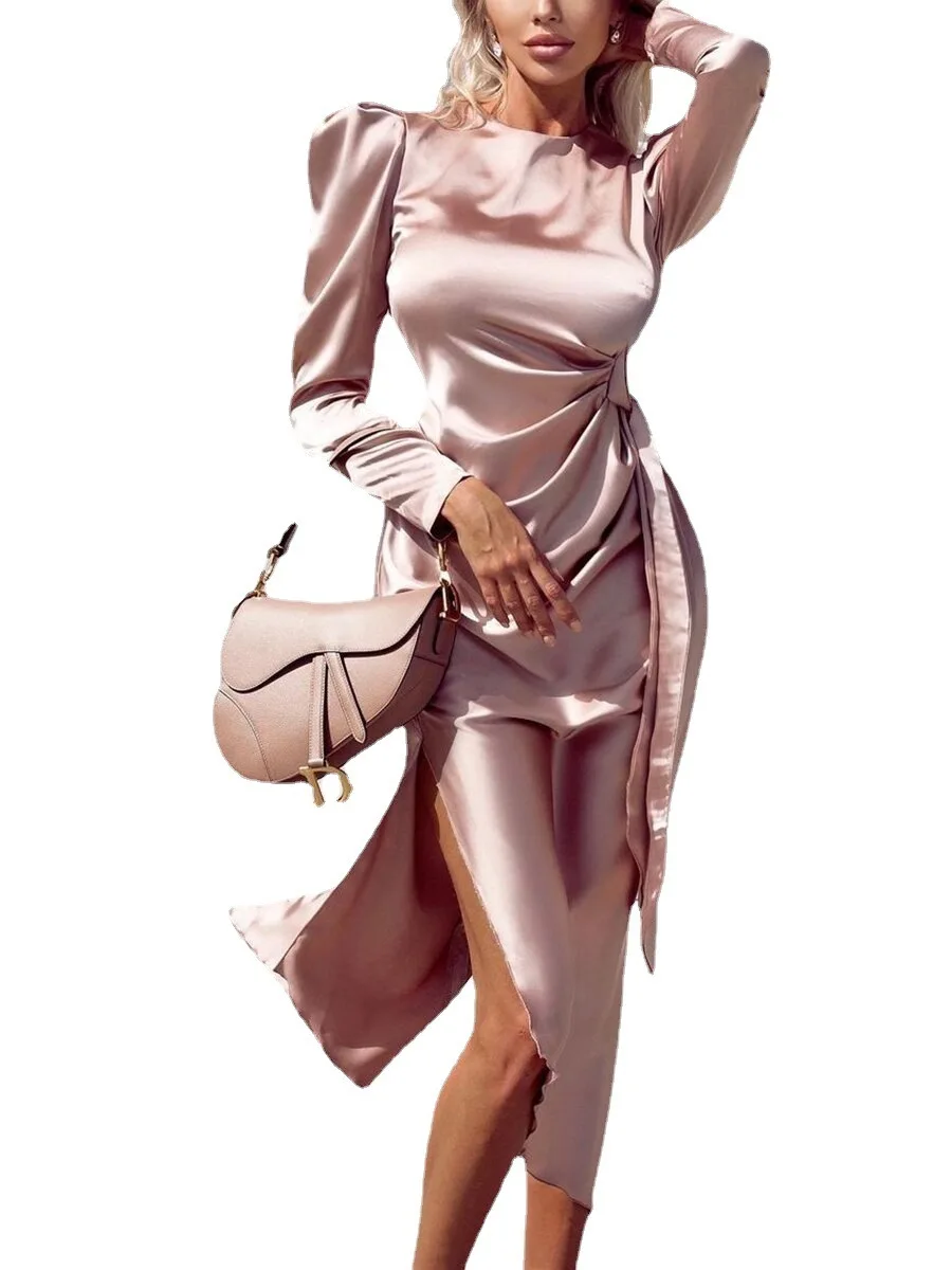 

2025 Spring/Summer Women's Skirt Sexy Round Neck Long Sleeve Hip Wrapped Small Dress