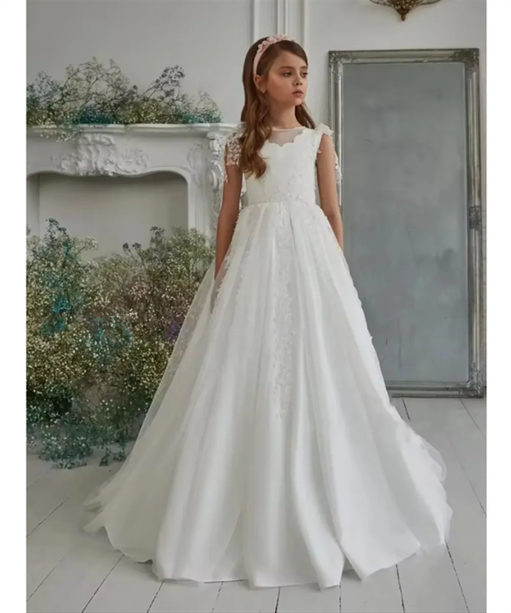 

Elegant Flower Girl Wedding Dress Appliques Pearls Bow Sleeveless Satin Boho Princess Kids Birthday Party First Communion Gown