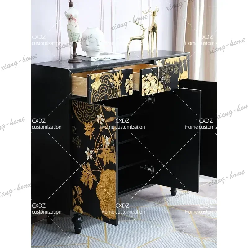 PG New Chinese Style Solid Wood Shoe Cabinet Entryway Foyer Storage Locker Light Luxury Black Gold Lace Chest Retro Living Room