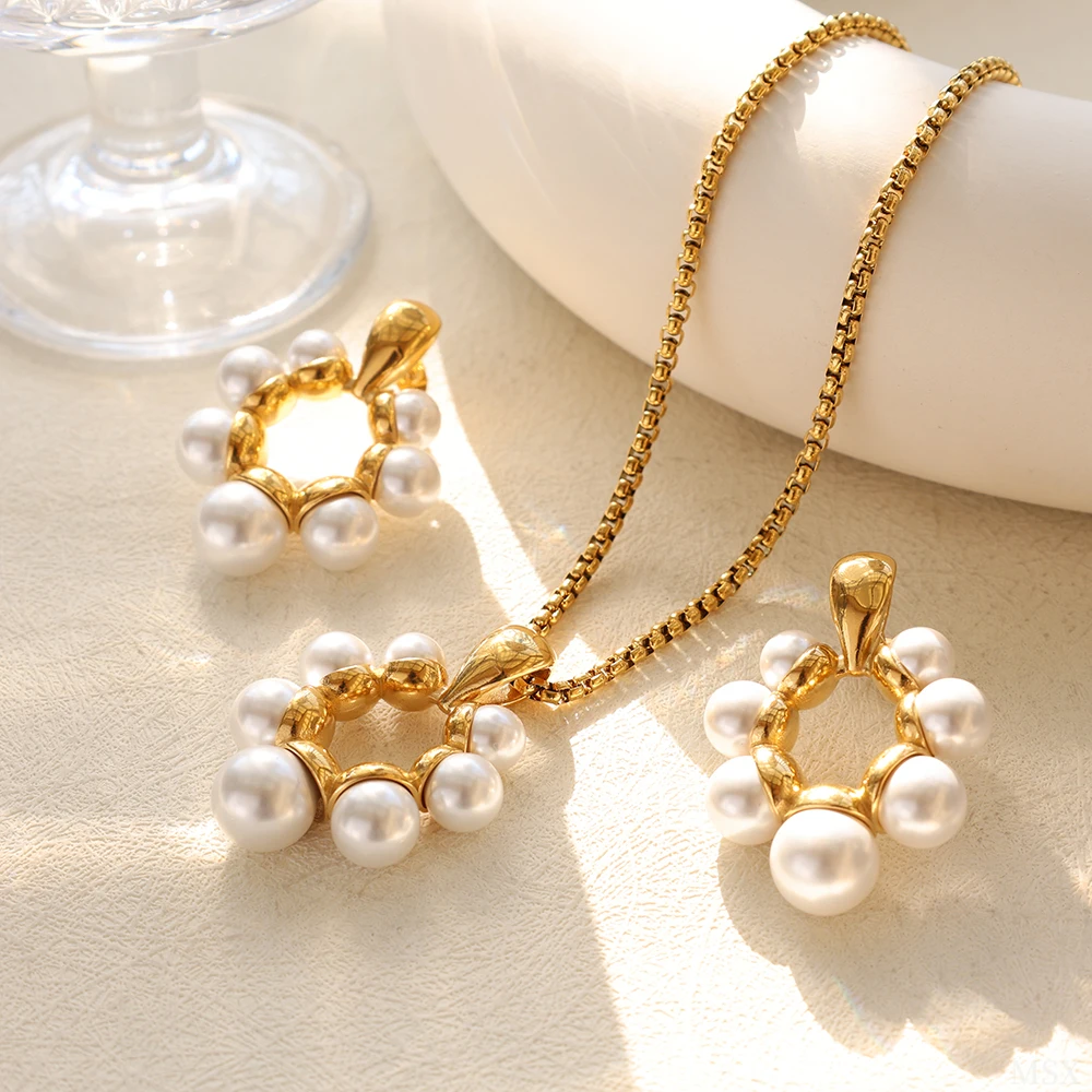 Hip Hop Punk Pearl Earrings Necklace Women Daily Wear Hypoallergenic Anti-Rust Stainless Steel Jewelry Sets Vintage Accessories