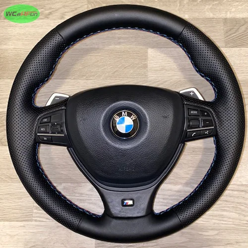 Funda de cuero trenzado para volante para BMW 5 6 7 Series F10 F07 F06 F12 F13 F01 F02 línea roja azul cuero de microfibra perforado