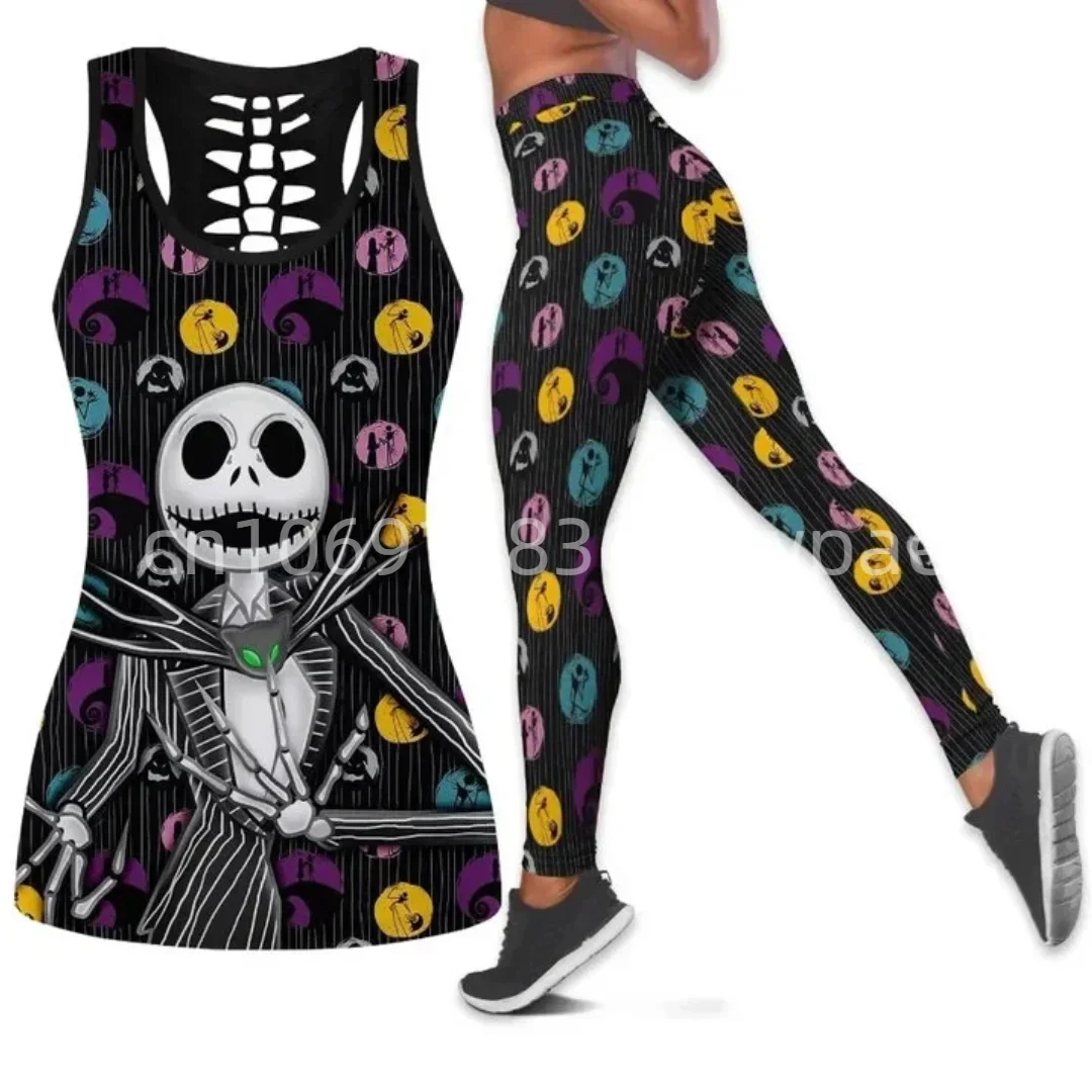 Jack Skellington Women Cutout Tank Top Leggings Yoga Set Summer Fitness Leggings Tracksuit Disney Hollow Tank Top Leggings Set