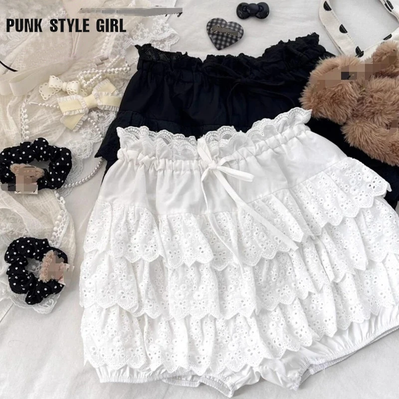 2024 Solid Harajuku Women Kawaii White Black Shorts Lolita Style Cotton Embroidered Lace Pumpkin Shorts Vintage Kawaii Bloomers