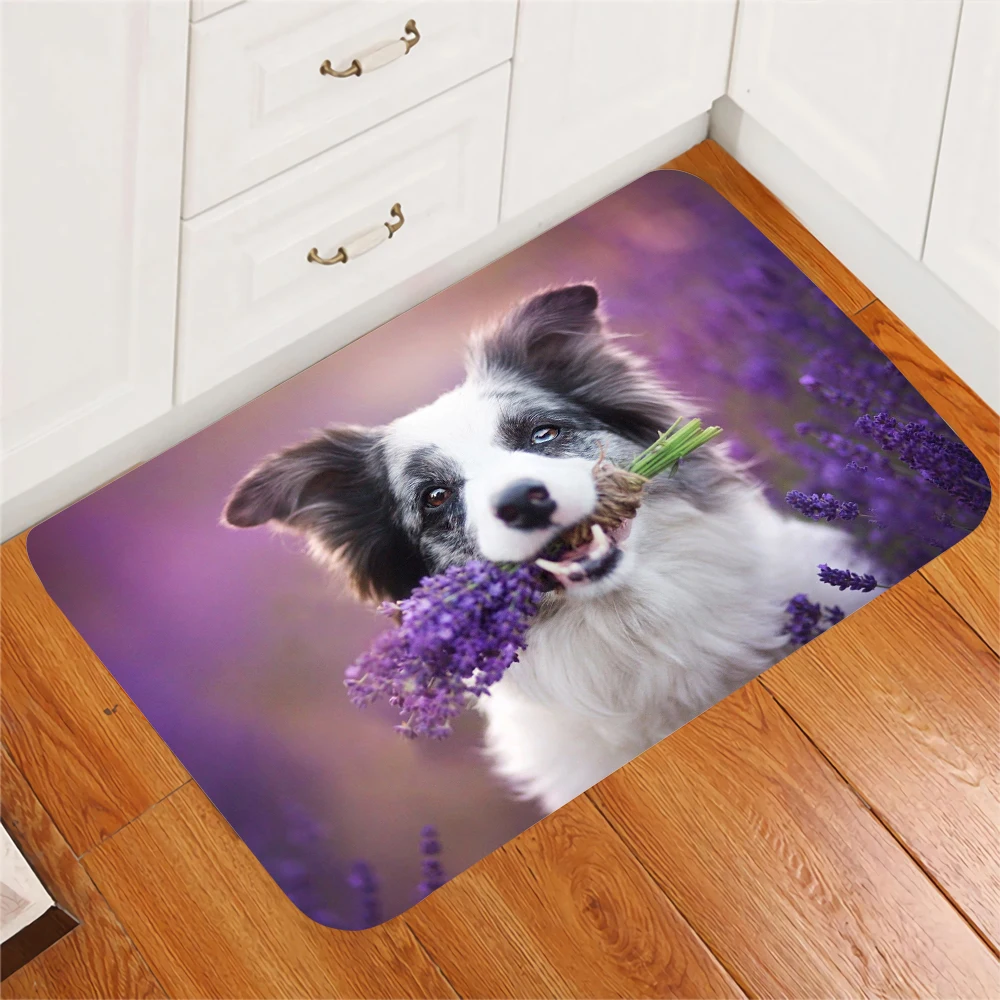 CLOOCL Purple Carpet Border Collie Lavender Flower Sea Pattern Study Bedroom Computer Chair Soft Mute Floor Mat Kids Bedside Rug