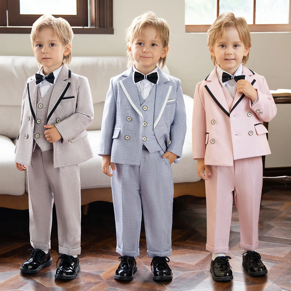 

Child Boys Formal Plaid Dress Suit Kids Boys Jacket Vest Pant Bowtie Suit Outfits Set 1-10Y Boy Formal Wedding Ceremony Costume