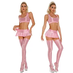 Womens Glossy Lingerie Set Oil Shiny Tank Crop Tops With Miniskirt Stockings Outfits for Pole Dancing Swim Rave Party Clubwear