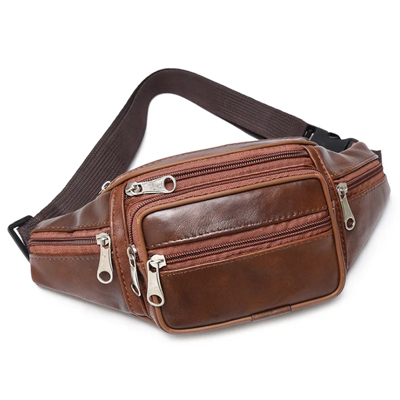 Genuine Leather Waist Bag men Waist Pack Waist Bag Funny Pack Belt Bag Men Chain Waist Bag For Phone Pouch image 3