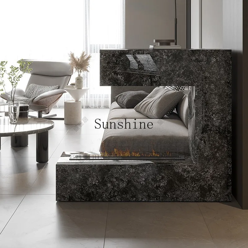 

Simple modern rock slab embedded fireplace decorative cabinet entrance table