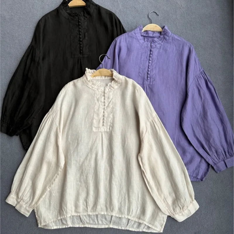 Johnature Japanese Ruffle Collar Long Sleeve Shirts Women New Vintage Casusal Solid Color Loose Linen Shirt For Autumn 2024