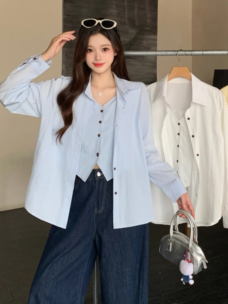 

Женская рубашка свободного кроя с длинным рукавом и отложным воротником, весенний повседневный стиль, дышащая, комфортная, с эффектом двухслойности