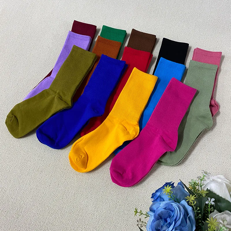 QUMOR Women's Socks Cotton Solid Color Four Seasons Middle Tube Blue White Candy Sock Girl School Socks Pure Comfortable Home