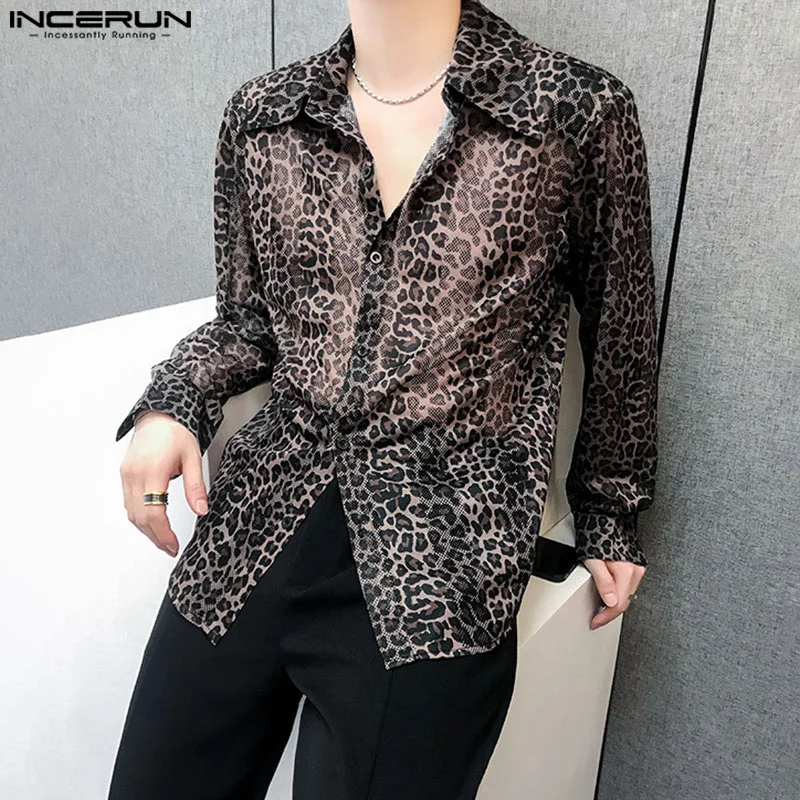 INCERUN Tops 2024 Korean Style Fashion New Men\'s Perspective Leopard Print Shirts Casual Clubwear Male Long Sleeved Blouse S-5XL