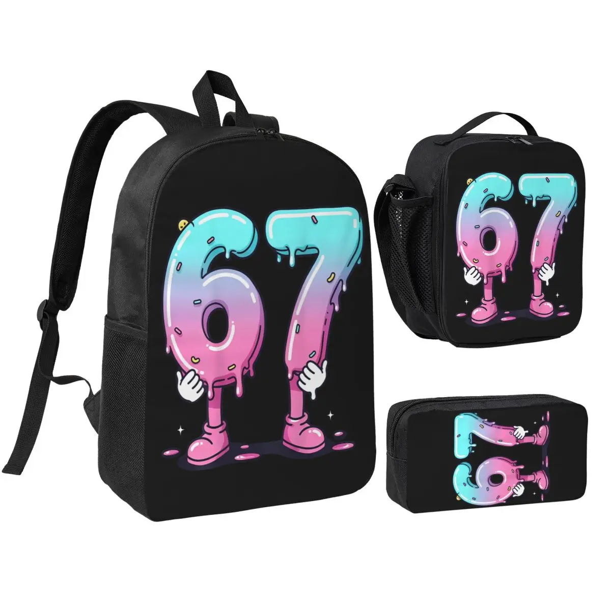 67 Ice Cream Drip Six Seven Meme 3pecs/set Backpack for Boys Girls High School Canvas Bags Lunch bag Pencil Case