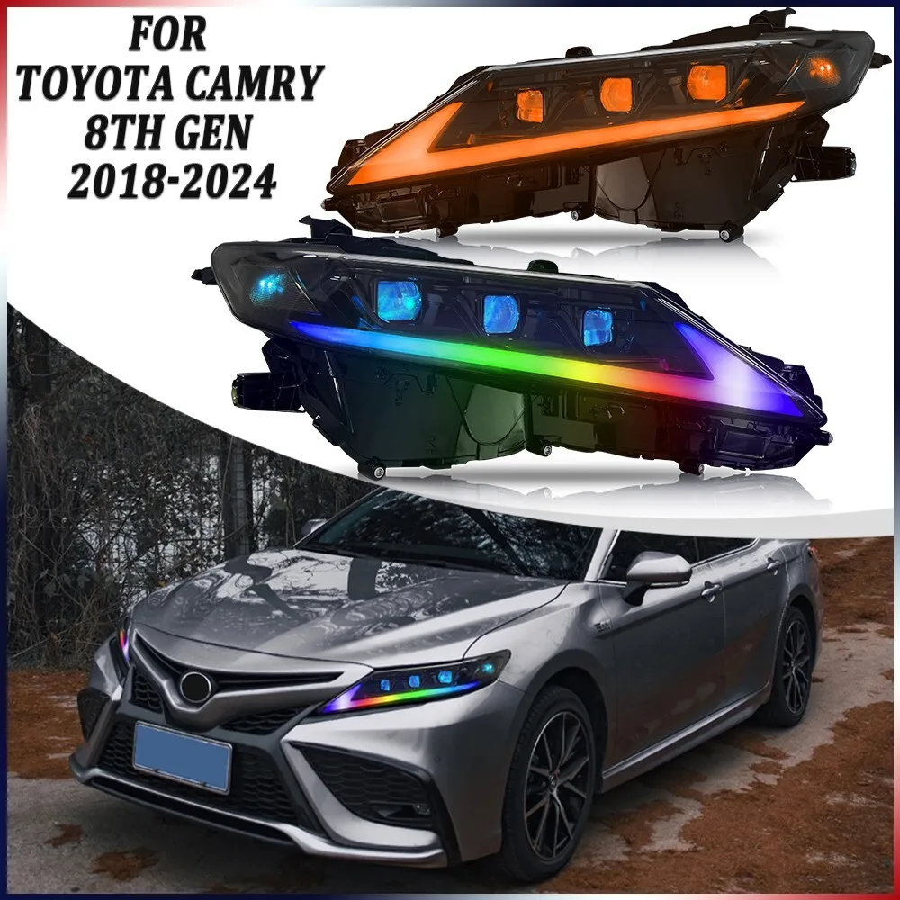 

1 комплект цветных светодиодных фар RGB в сборе для Toyota Camry 8-го поколения 2018-2024, передние фары в сборе, аксессуары для фар