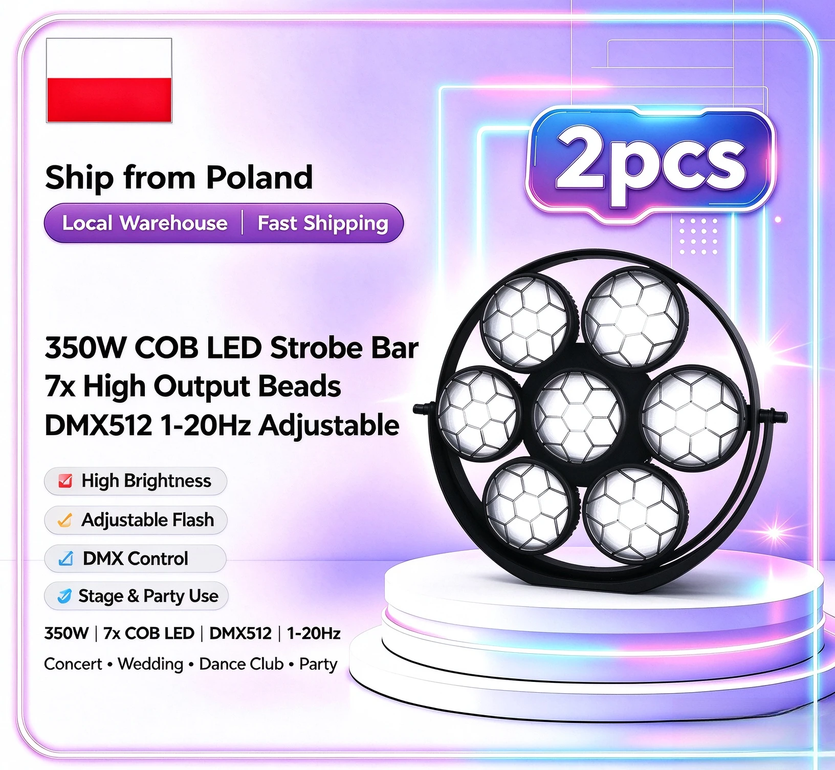 Barre stroboscopique vintage à LED COB 7x 350W, haute puissance, contrôle DMX512, flash réglable 1-20Hz, lumière de scène pour concert, mariage, club de danse, fête