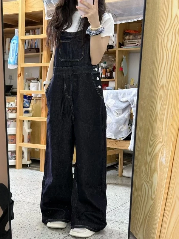 American Sle Retro Denim Overalls Women Summer 2025 New Lazy Loose Straight Casual Wide Leg Long Pants High Waist Trousers