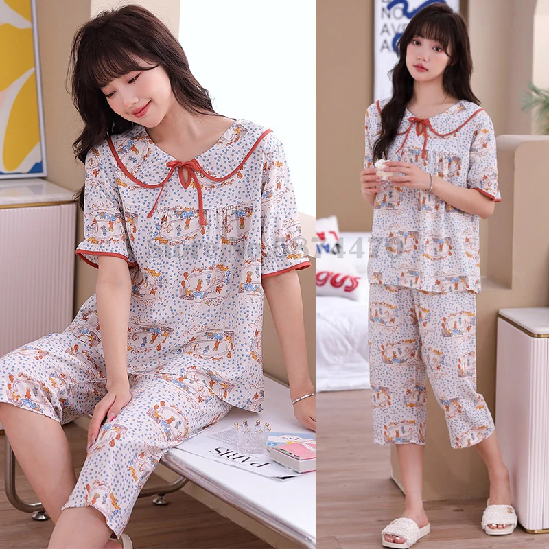 Sexy Women's Pajamas Suit Small Lapel Lace-Up Printed Short Sleeve Cropped Pants 2Pcs Loose Casual Home Clothes with Peplum Edge