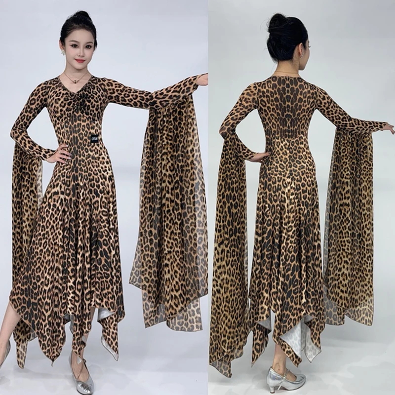 

New Ballroom Dance Dress Leopard Irregular Hem Long Sleeves Dress Waltz Tango Dance Performance Clothes Competition Dress L15231