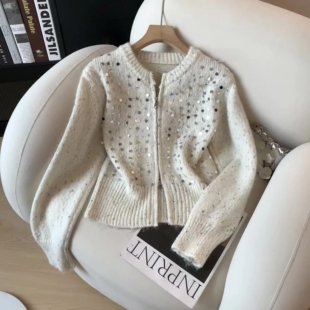

Женский серый кардиган, свитер Y2k, винтажный уютный мягкий джемпер 2000-х годов, вязаный укороченный свитер с длинными рукавами и блестками для женщин, осень-зима