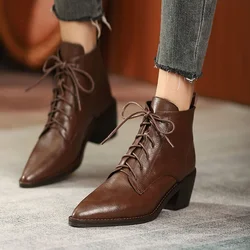 NEW Autumn Boots Women Split Leather Shoes for Women Pointed Toe Chunky Heel Shoes Casual Lace-up Short Boots Retro Ankle Boots