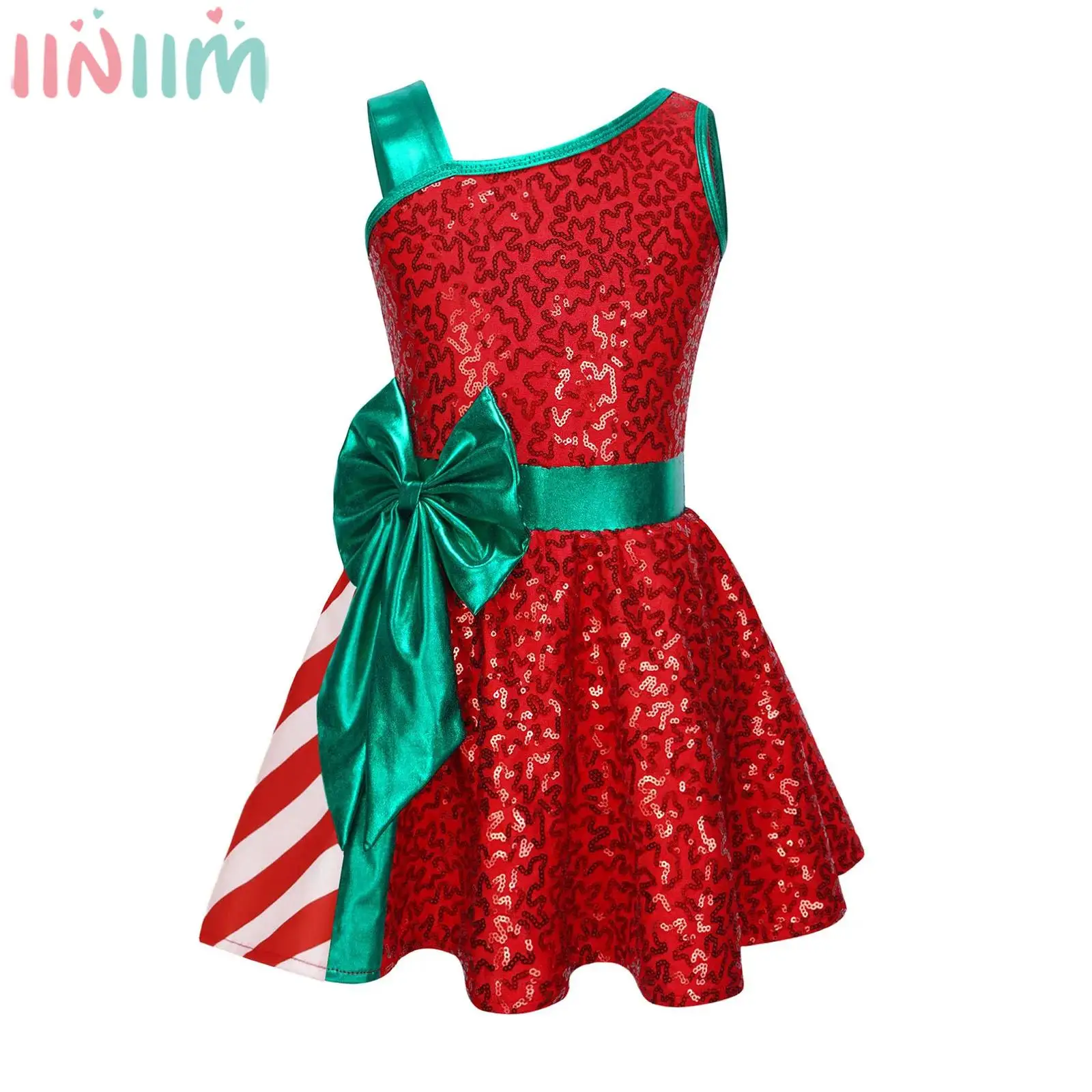 Kids Girls Christmas Party Dress Xmas Santa Elf Costume Sleeveless Shiny Sequin Ballet Dance Skating Gymnastics Leotard Tutu