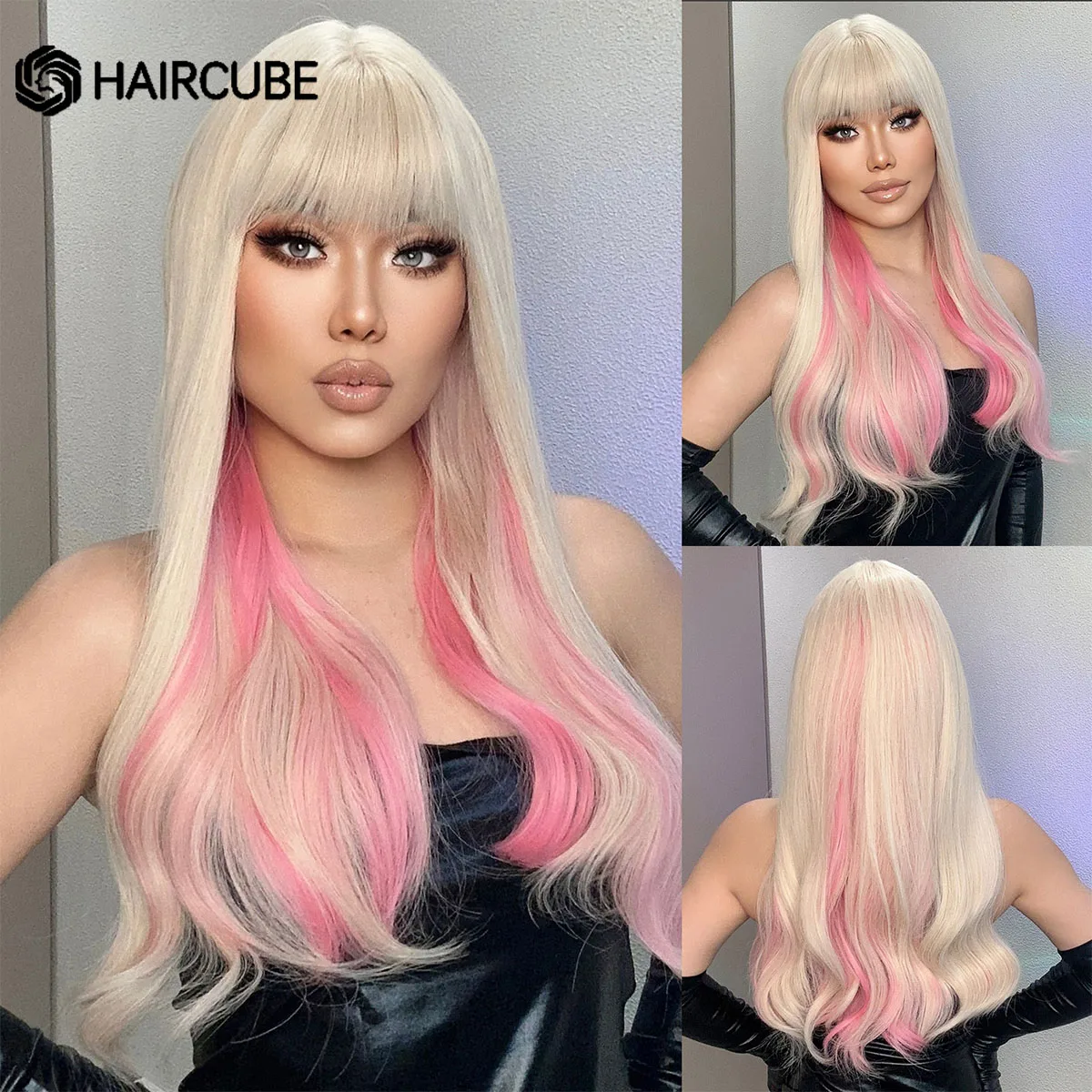 

HAIRCUBE Long Wavy Pink White Highlight for Women Synthetic Wigs with Bangs Fashion Natural Christmas Party Heat Resistant Fiber