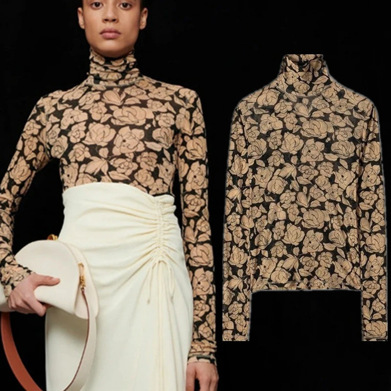 Maxdutti Southern French Retro High Neck Floral Print Long Sleeved Base Shirt For Woman Clothes Autumn Slim Fit Mesh Top T-shirt