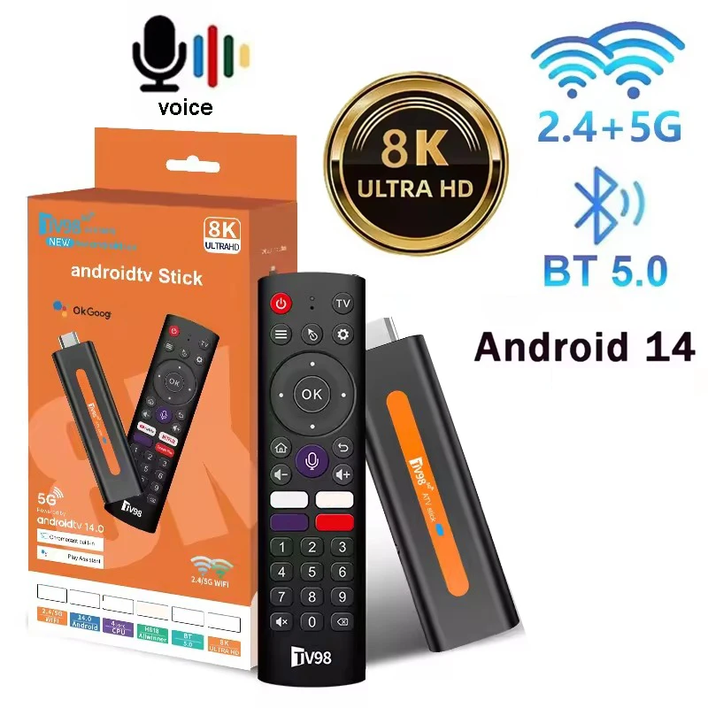 

TV98 ATV H618 ТВ-стик 8K 4K Wifi6 BT5.0 Allwinner H618 Четырехъядерный смарт-голосовой пульт Android 14 PK TV98 ATV Стик TV98 ATV 8K
