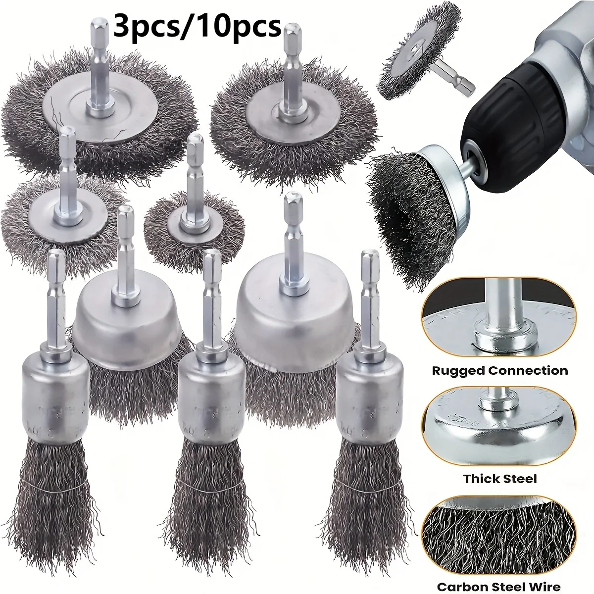 Wire Brush Wheel Cup Brush Set, Wire Brush for Drill 1/4 Inch Hex Shank 0.012 Inch Coarse Carbon Steel Crimped Wire Wheel