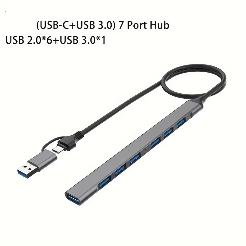 7 Port Multiport USB Hub, 1 USB3.0 & 6 USB2.0 Type‑C Splitter 5Gbps High‑Speed Adapter for PC Computer Accessories