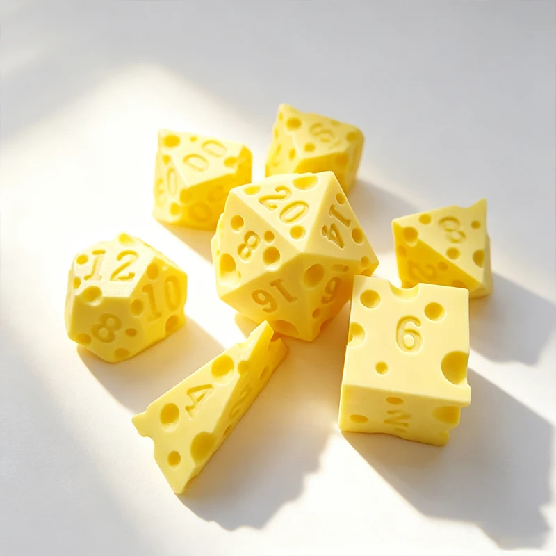 Würfelbox in Käseform, Mehrseitiges D4 D20 Würfelset, Tischspiel-Dekoration für Familien- und Erwachsenenpartys, Brettspiel-Zubehör