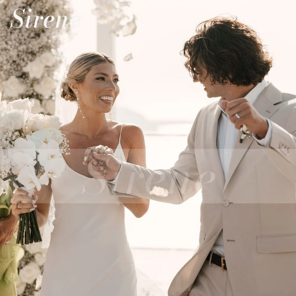 Vestido De novia De crepé con tirantes finos para mujer, elegante vestido De novia De playa sin mangas con cuentas y espalda descubierta