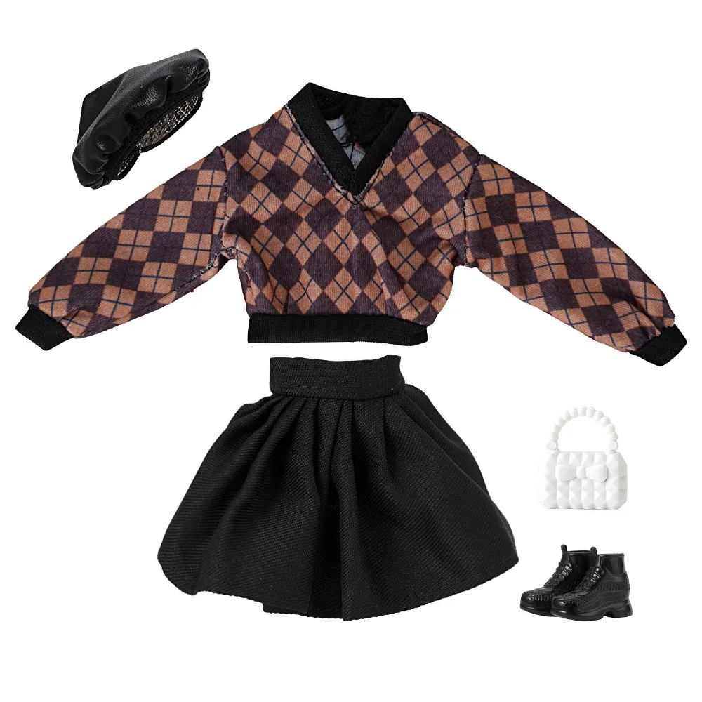 

1/6 /30CM/11" Doll Clothes Plaid Sweater Black Short Dress Doll Sweater Skirt Set Multicolor Beret Handbag Boots
