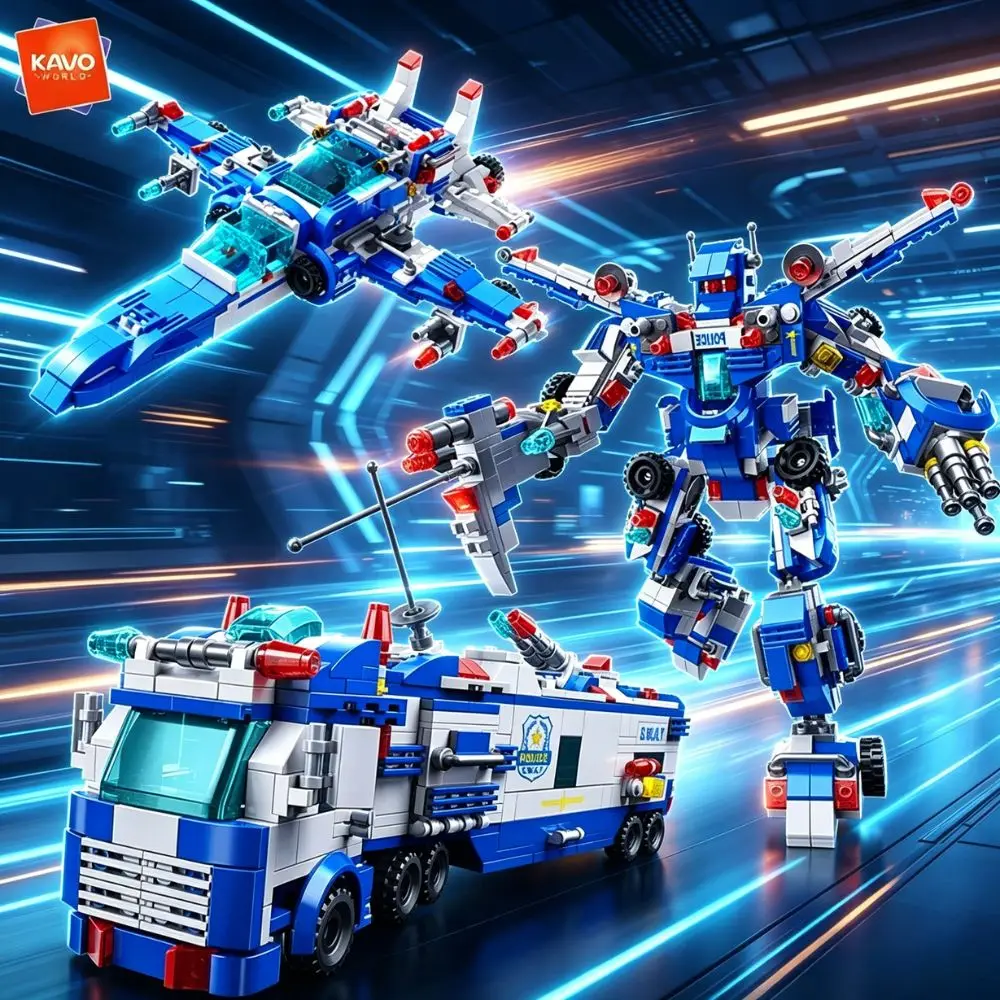 

KAVOWORLD 679PCS Creative Police Building Bricks Set Blue White Transformable Imaginative Play Toys Best Holiday Gifts for Kids