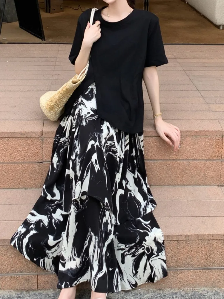 Mozigda 특대 여름 가짜 두 조각 세트 패치 워크 인쇄 꽃 드레스 여성 느슨한 긴 여자 드레스 숙녀 드레스 Vestidos