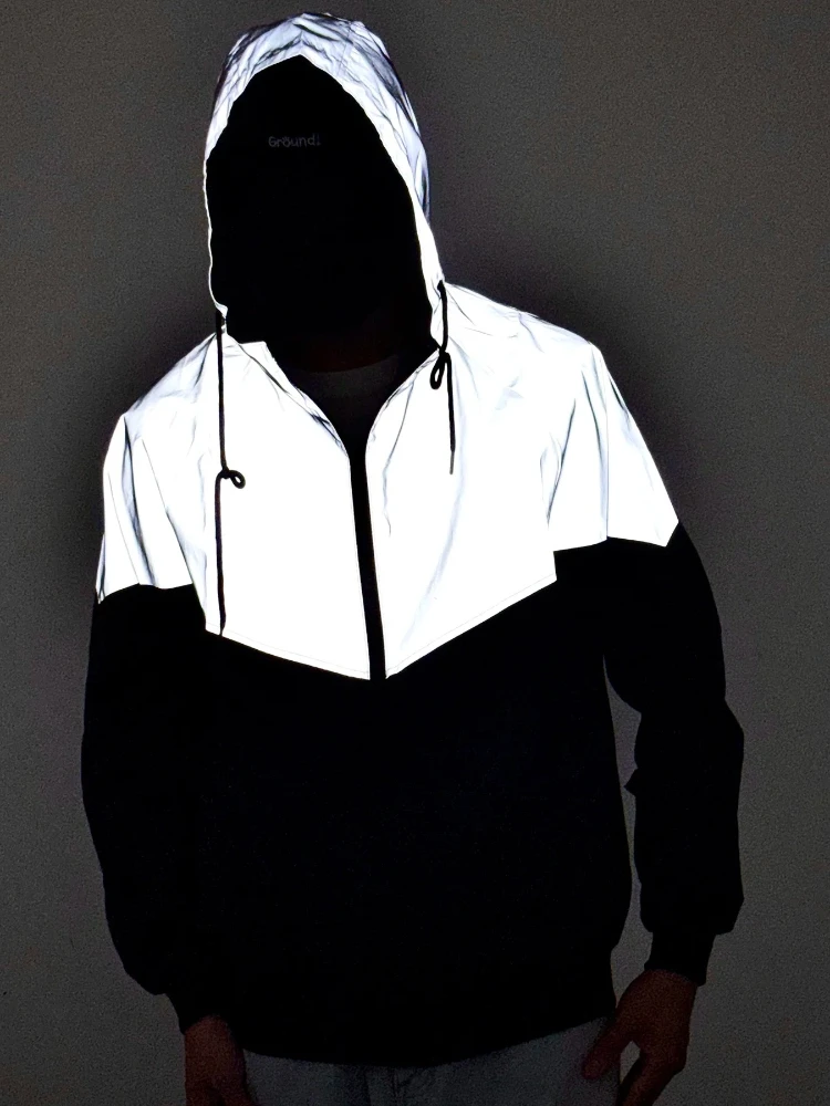 

Reflective Splicing Men's Cycling Jacket Spring Autumn Loose Hooded Casual Outdoor Jogging Hip Hop Sports Fashion Trend Coat