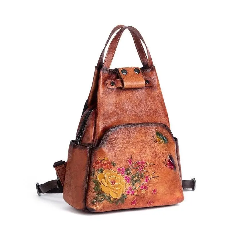 New Vintage Genuine Leather Floral Women Backpacks Luxury Brand Female Real Natural Leather Ladies Girl Student Casual Backpack
