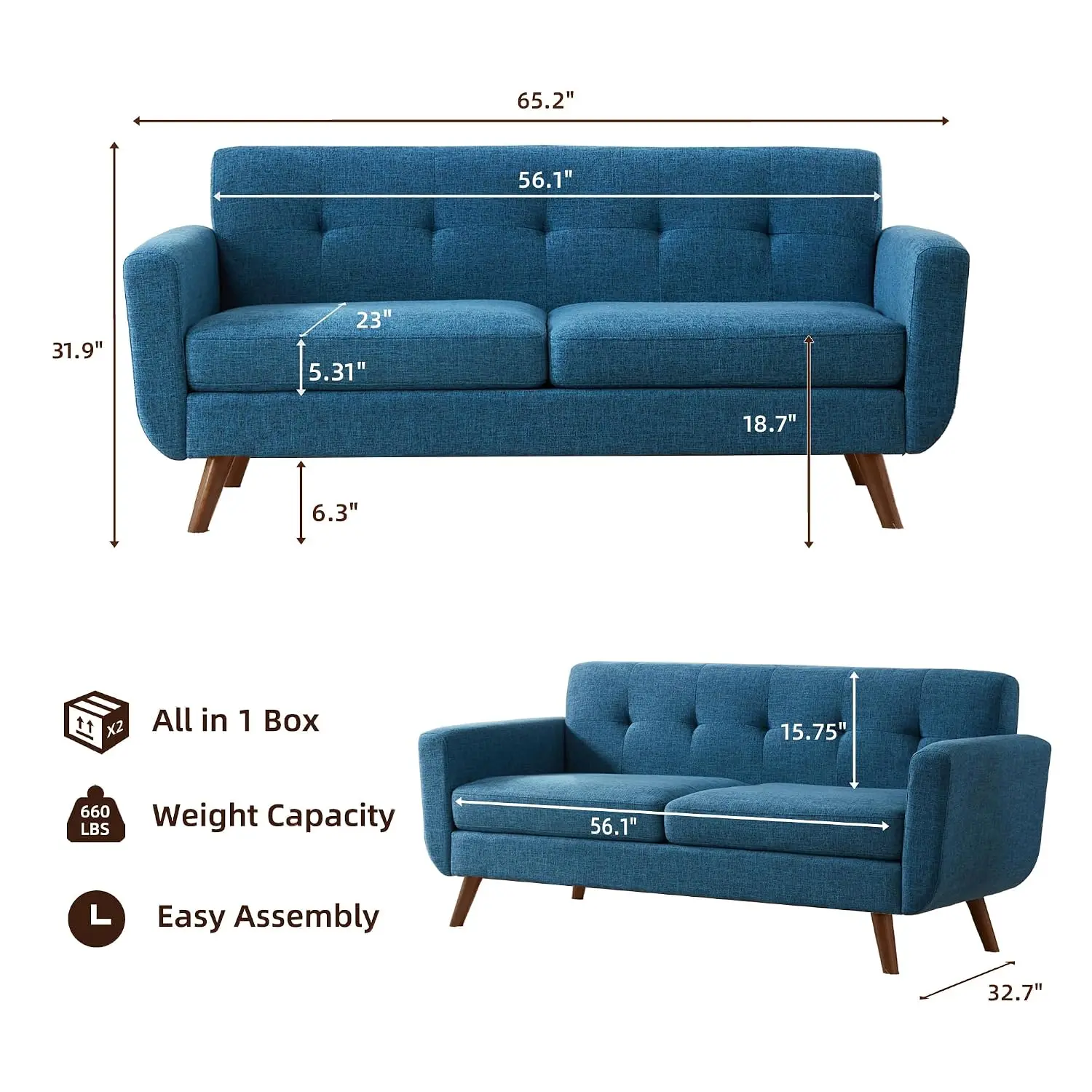 Mid Century Loveseat, Button Tufted Upholstered Sofa for Living Room & Bedroom, Solid Wood Easy Install 65