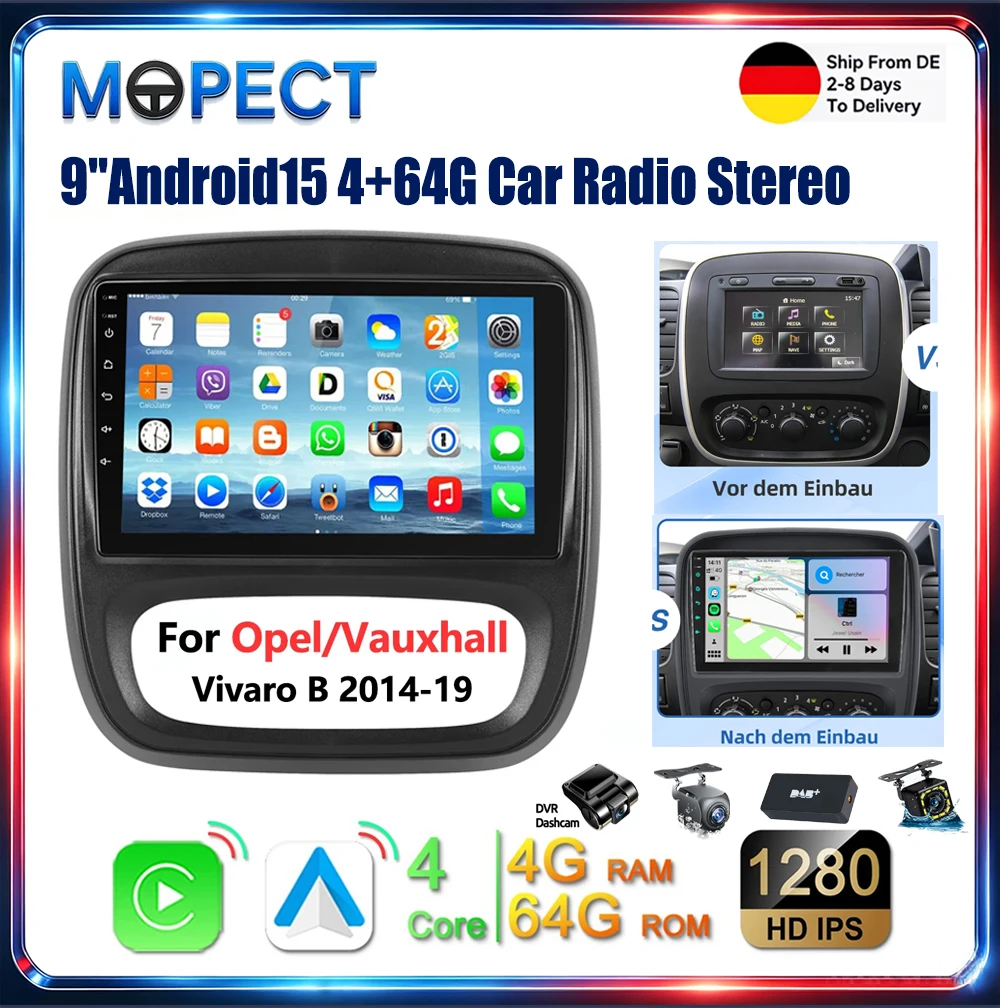 9" Android 15 4+64G Autoradio Stereo für Opel Vauxhall Vivaro B Renault Trafic NV300 GPS Navi Bluetooth Wireless Carplay WIFI RDS