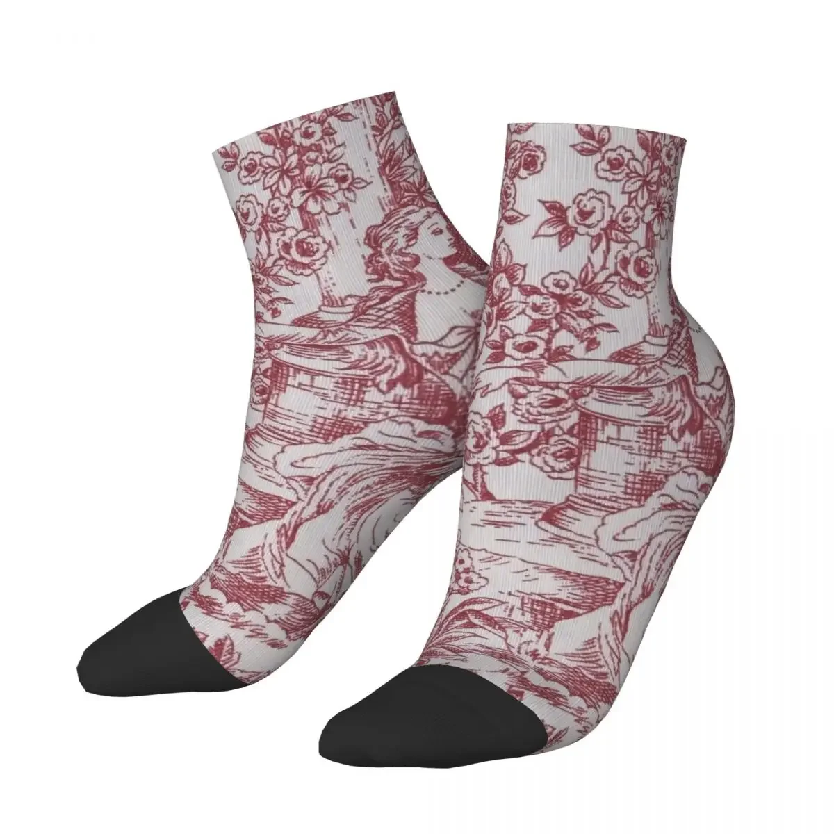 Funny Mens Classic Red French Toile De Jouy Motif Pattern Dress Socks Unisex Warm Breathbale 3D Printing Crew 