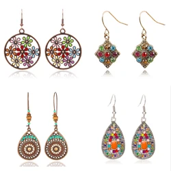 Vintage Ethnic Drop Glaze Rhinestone Flower Dangle Earrings for Women Unique Elegant Boho Beads Geometric Drop Earrings Jewelry