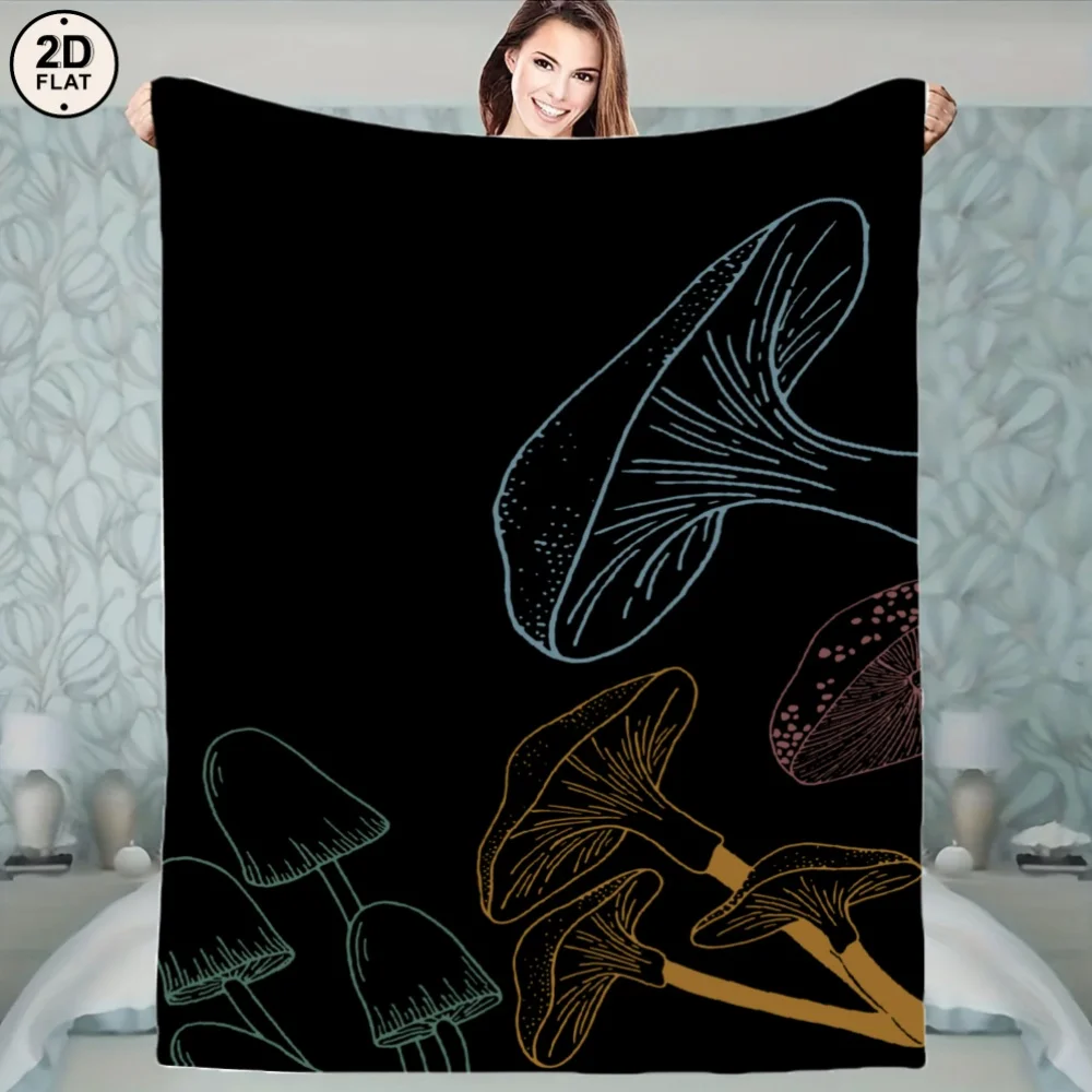 

1 шт. мягкое и уютное фланелевое одеяло с современным художественным грибным принтом — черный фон, разноцветные грибы, всесезонное использование, Perf