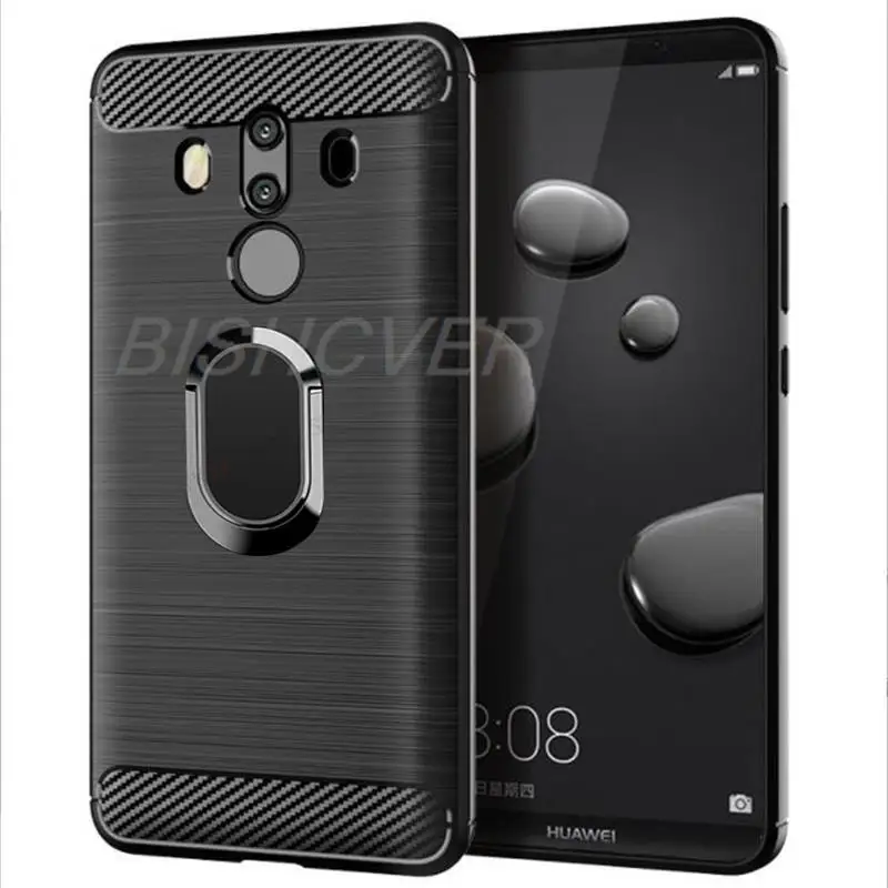 Funda de silicona de fibra de carbono cepillada a prueba de golpes para Huawei Mate 10 Pro 5,9 "Mate10pro BLA-L09 cubierta de anillo magnético