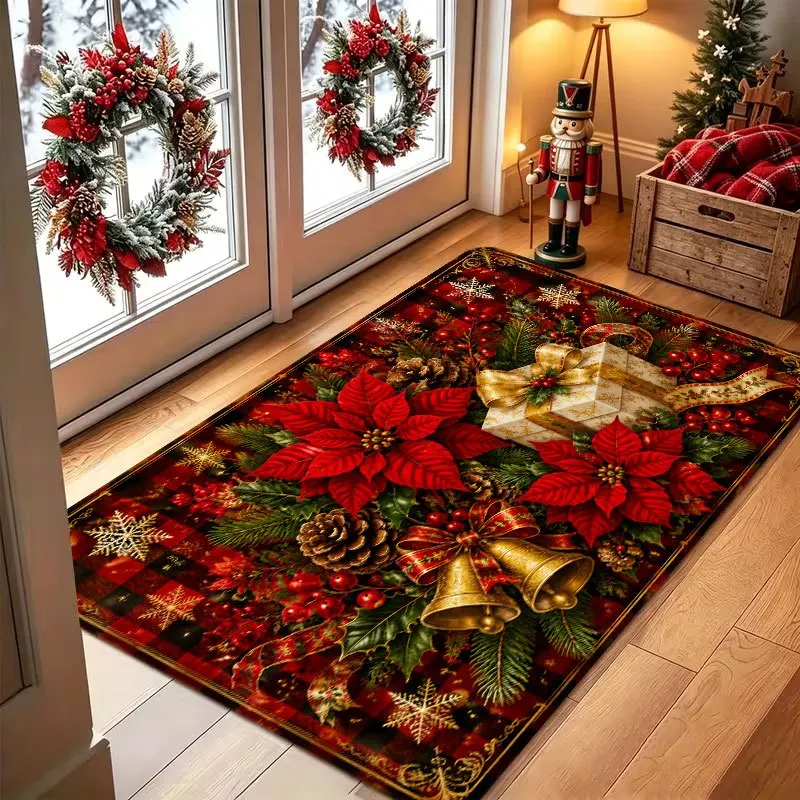 Deep Blue Velvet Nutcracker Soldier Pine Branch Gift Print Durable Washable Front Door Mat For Vintage Christmas Porch Decoratio