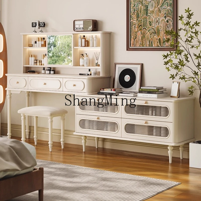 

DHY retro dresser chest cabinet master bedroom retractable desk makeup table ivory white bedside cabinet