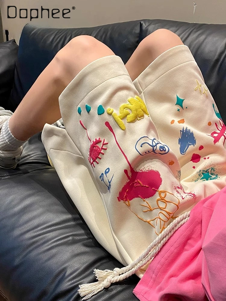 

Summer New Graffiti Men's Apricot Black High-Waisted Shorts Thin Trendy Colorful Sports Loose Casual Coffee Color Shorts