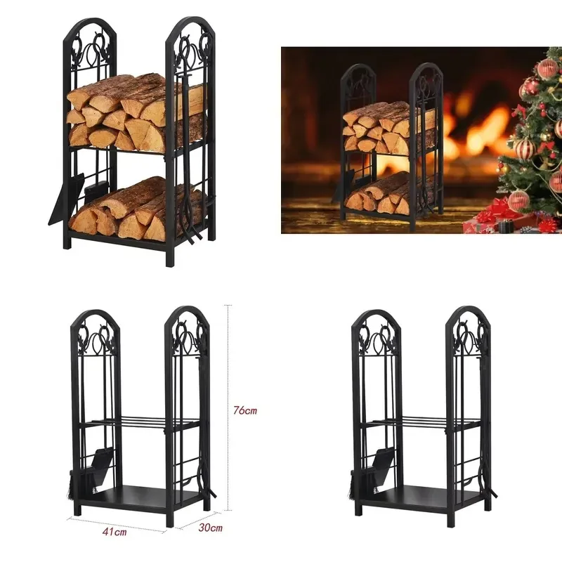 American Black Wrought Iron Floor to Ceiling Firewood Tool Holder Multi Layer Storage Rack Accessories for Household